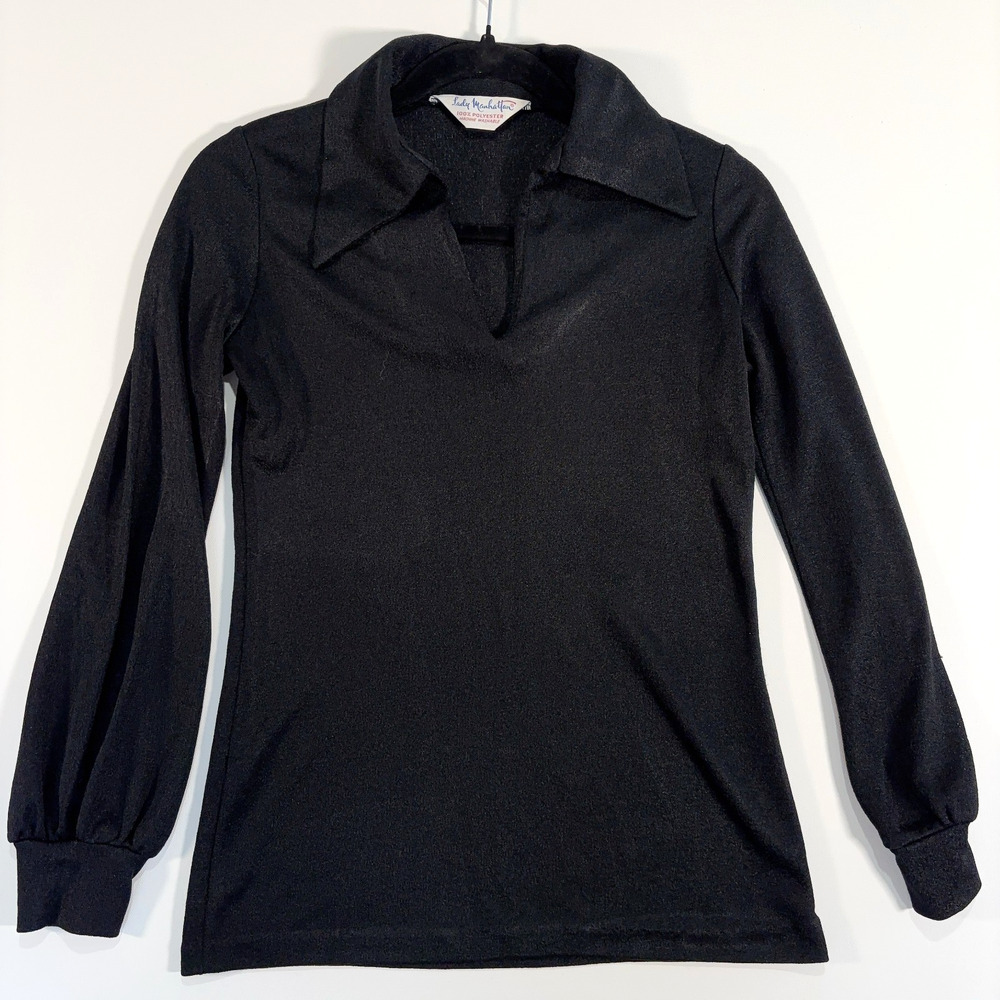 Vintage 70s Lady Manhattan Black Disco Top Polyester Stretch Collared Shirt S